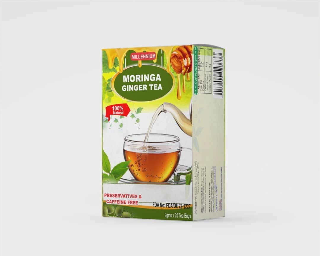 Millennium Moringa Ginger Tea packaging