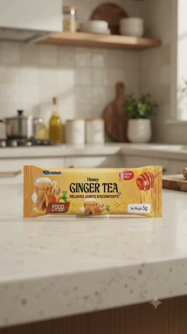 Millennium Honey Ginger tea packaging in the supplied product film